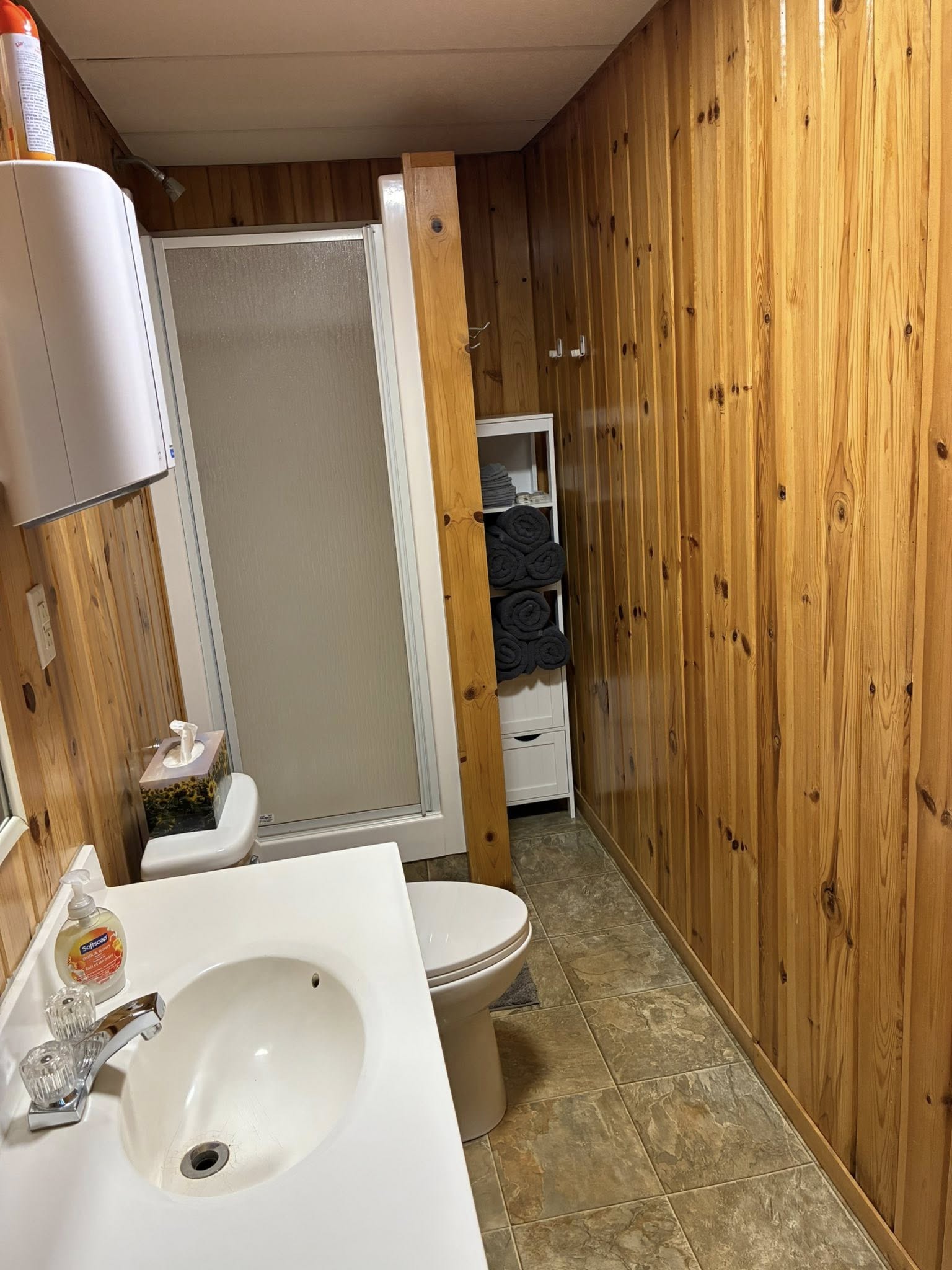 Salle de bain du chalet 2 du Relais Onatchiway - lavabo, toilettes et douche